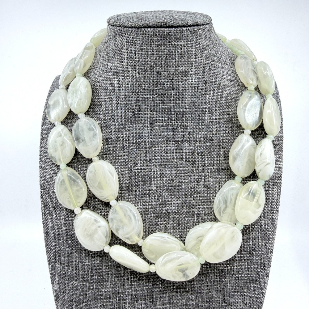 Pale Green Translucent Marbled Bead Double Strand Necklace Statement Jewelry